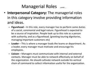 Managerial Roles contd…..
• Interpersonal Category: The managerial roles
in this category involve providing information
and ideas.
– Figurehead – In this role, every manager has to perform some duties
of a social, ceremonial and legal nature. Figurehead is expected to
be a source of inspiration. People look up to this role as a person
with authority, and as a figurehead. (greeting touring dignitaries,
managing important customers etc)
– Leader – This is where a manager leads the teams or department. As
a leader, every manager must motivate and encourage his
employees.
– Liaison – Managers must communicate with internal and external
contacts. Manager must be able to network effectively on behalf of
the organization. He should cultivate network outside his vertical
chain of command to collect information useful for the organization.
 