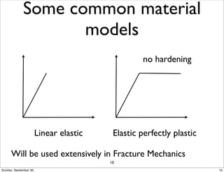 Some common material 
models 
✏ 
 
 no hardening 
ys 
✏ 
Linear elastic Elastic perfectly plastic 
Will be used extensively in Fracture Mechanics 
10 
Sunday, September 30, 10 
 