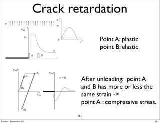Crack retardation 
Point A: plastic 
point B: elastic 
After unloading: point A 
and B has more or less the 
same strain - 
point A : compressive stress. 
161 
Sunday, September 30, 161 
 