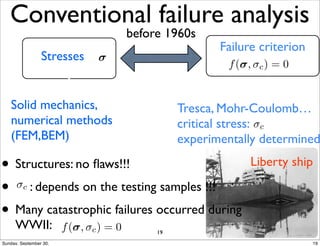 Conventional failure analysis 
Stresses 
Failure criterion 
Solid mechanics, 
numerical methods 
(FEM,BEM) 
• Structures: no flaws!!! 
• c 
: depends on the testing samples !!! 
• Many catastrophic failures occurred during 
WWII: 
Liberty ship 
before 1960s 
f(, c) = 0 
f(, c) = 0 
Tresca, Mohr-Coulomb… 
critical stress: 
c 
experimentally determined 
 
c 
19 
Sunday, September 30, 19 
 