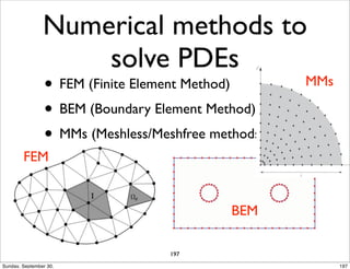 Numerical methods to 
solve PDEs 
• FEM (Finite Element Method) 
• BEM (Boundary Element Method) 
• MMs (Meshless/Meshfree methods) 
FEM 
BEM 
MMs 
197 
Sunday, September 30, 197 
 