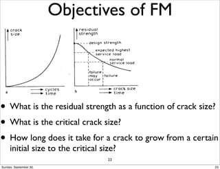Objectives of FM 
• What is the residual strength as a function of crack size? 
• What is the critical crack size? 
• How long does it take for a crack to grow from a certain 
initial size to the critical size? 
23 
Sunday, September 30, 23 
 