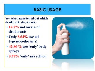 BASIC USAGE
We asked question about which
deodorants do you use:

• 14.2% not aware of
deodorants
• Only 8.64% use all
types(deodorants)
• 45.86 % use ‘only’ body
sprays
• 3.75% ‘only’ use roll-on

 