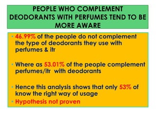 PEOPLE WHO COMPLEMENT
DEODORANTS WITH PERFUMES TEND TO BE
MORE AWARE
• 46.99% of the people do not complement
the type of deodorants they use with
perfumes & itr
• Where as 53.01% of the people complement
perfumes/itr with deodorants
• Hence this analysis shows that only 53% of
know the right way of usage
• Hypothesis not proven

 