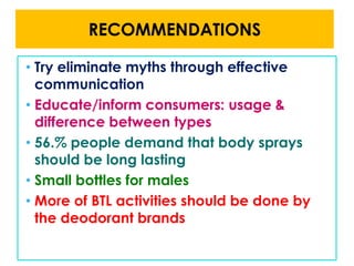 RECOMMENDATIONS
• Try eliminate myths through effective
communication
• Educate/inform consumers: usage &
difference between types
• 56.% people demand that body sprays
should be long lasting
• Small bottles for males
• More of BTL activities should be done by
the deodorant brands

 