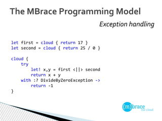 Exception handling
The MBrace Programming Model
let first = cloud { return 17 }
let second = cloud { return 25 / 0 }
cloud...