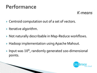 K-means
Performance
 Centroid computation out of a set of vectors.
 Iterative algorithm.
 Not naturally describable in ...