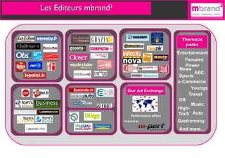Les Editeurs mbrand 3 Performance offers Powered by Our Ad Exchange Thematic packs Auto Sports News Females e-Commerce Music Entertainment Power Travel Youngs ABC OS High-Tech Gastronomy And more… 