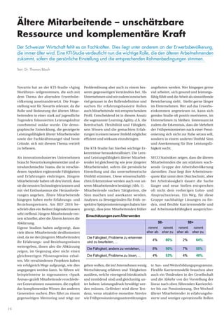 16
Novartis hat an der KTI-Studie «Aging
Workforce» teilgenommen, die sich mit
dem Thema der alternden Erwerbsbe-
völkerung auseinandersetzt. Die Frage-
stellung war für Novartis relevant, da die
Rolle und Bedeutung der älteren Mitar-
beitenden in einer stark auf jugendliche
Tugenden fokussierten Leistungskultur
zunehmend unklar wurde. Die demo-
graphische Entwicklung, die gesteigerte
Leistungsfähigkeit älterer Mitarbeitender
sowie der Fachkräftemangel sind beste
Gründe, sich mit diesem Thema vertieft
zu befassen.
Als innovationsbasiertes Unternehmen
braucht Novartis komplementäre und al-
tersdurchmischte Teams, die in verschie-
denen Aspekten ergänzende Fähigkeiten
und Erfahrungen einbringen. Jüngere
Mitarbeitende haben oft den Vorteil, dass
sie die neustenTechnologien kennen und
mit viel Enthusiasmus die Herausforde-
rungen angehen. Ältere Mitarbeitende
hingegen haben mehr Erfahrungs- und
Beziehungswissen. Am BEF 2016 be-
schrieb dies ein Redner folgendermassen
sehr treffend: Jüngere Mitarbeitende ren-
nen schneller, aber die Älteren kennen die
Abkürzung.
Eigene Studien haben aufgezeigt, dass
viele ältere Mitarbeitende desillusioniert
sind, da sie den jüngeren Mitarbeitenden
ihr Erfahrungs- und Beziehungswissen
weitergeben, ihnen also die Abkürzung
zeigen, im Gegenzug aber nicht einen
gleichwertigen Wissensgewinn erhal-
ten. Mit verschiedenen Projekten haben
wir erfolgreich Wege aufgezeigt, wie dies
angegangen werden kann. So führen wir
beispielsweise in sogenannten «Spark
Arenas» gezielt Mitarbeitende verschiede-
ner Generationen zusammen, die explizit
das komplementäre Wissen der anderen
Generation suchen. Dies führt zu einem
gegenseitigen Mentoring und trägt zur
Problemlösung aber auch zu einem bes-
seren gegenseitigen Verständnis bei. Als
Unternehmen sind wir zudem inzwischen
viel genauer in der Rollendefinition und
suchen für erfahrungsbasierte Rollen
auch Mitarbeitende mit entsprechendem
Profil. Entscheidend ist in diesem Ansatz
die sogenannte Learning Agility, d.h. die
Bereitschaft, Flexibilität und Fähigkeit,
sein Wissen und die gemachten Erfah-
rungen in einem neuen Umfeld möglichst
effizient und wirksam einzubringen.
Die KTI-Studie hat hierbei wichtige Er-
kenntnisse herauskristallisiert. Die Lern-
und Leistungsfähigkeit älterer Mitarbei-
tender ist gleichwertig wie jene jüngerer
Mitarbeitender, sofern die persönliche
Einstellung und das unternehmerische
Umfeld stimmen. Diese wissenschaftli-
chen Erkenntnisse werden auch von un-
seren Mitarbeitenden bestätigt (Abb. 1).
Mitarbeitende suchen Tätigkeiten, die
Sinn machen und anerkannt werden.
Analysen zu Beweggründen für Früh- re-
spektive Spätpensionierungen haben hier
gezeigt, dass jene Mitarbeitenden früher
gehen wollen, die im Unternehmen wenig
Wertschätzung erfahren und Tätigkeiten
ausüben, welche einengend bürokratisch
und ermüdend sind und gleichzeitig un-
ter hohem Leistungsdruck bewältigt wer-
den müssen. Gefördert wird diese Ten-
denz, wenn attraktive monetäre Anreize
wie Frühpensionierungsunterstützungen
angeboten werden. Wer hingegen gerne
viel arbeitet, sich gesund und leistungs-
fähig fühlt und die Arbeit als sinnstiftende
Bereicherung sieht, bleibt gerne länger
im Unternehmen. Wer auf das Erwerbs-
einkommen angewiesen ist, kann sich
gemäss Studie oft positiv motivieren, im
Unternehmen zu bleiben. Interessant ist
zudem die Erkenntnis, dass die Mehrheit
der Frühpensionierten nach einer Pensi-
onierung sich nicht zur Ruhe setzen will,
sondern in einem anderen Umfeld Sinn
und Anerkennung für Ihre Leistungsfä-
higkeit sucht.
SECO Statistiken zeigen, dass die älteren
Mitarbeitenden die am stärksten wach-
sende Gruppe der Arbeitsbevölkerung
darstellen. Zwar liegt ihre Arbeitslosen-
quote klar unter dem Durchschnitt, aber
bei Arbeitslosigkeit dauert die Suche
länger und neue Stellen entsprechen
oft nicht dem vorherigen Lohn- und
Anspruchsniveau. Ein Weg, für diese
Gruppe nachhaltige Lösungen zu fin-
den, sind flexible Karrieremodelle und
auf Arbeitsmarktfähigkeit ausgerichte-
te Aus- und Weiterbildungsprogramme.
Flexible Karrieremodelle brauchen aber
auch ein Umdenken in der Gesellschaft
und die Abkehr von der Vorstellung der
linear nach oben führenden Karrierelei-
ter bis zur Pensionierung. Der Wechsel
älterer Mitarbeitender in erfahrungsba-
sierte und weniger operationelle Rollen
Ältere Mitarbeitende – unschätzbare
Ressource und komplementäre Kraft
Der Schweizer Wirtschaft fehlt es an Fachkräften. Dies liegt unter anderem an der Erwerbsbevölkerung,
die immer älter wird. Eine KTI-Studie verdeutlicht nun die wichtige Rolle, die den älteren Arbeitnehmenden
zukommt, sofern die persönliche Einstellung und die entsprechenden Rahmenbedingungen stimmen.
Text: Dr. Thomas Bösch
 