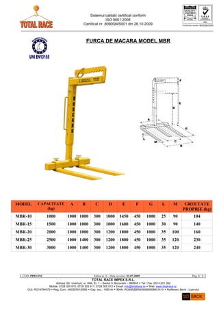 Sistemul calitatii certificat conform
                                                              ISO 9001:2008
                                              Certificat nr. 8090QMS001 din 26.10.2009



                                                 FURCA DE MACARA MODEL MBR




MODEL       CAPACITATE              A        B         C          D           E           F       G     L       M       GREUTATE
                (kg)                                                                                                   PROPRIE (kg)
MBR-10             1000           1000 1000          300        1000        1450        450      1000   25      90              104
MBR-15             1500           1000 1000          300        1000        1600        450      1000   30      90              140
MBR-20             2000           1000 1000          300        1200        1800        450      1000   35      100             160
MBR-25             2500           1000 1400          300        1200        1800        450      1000   35      120             230
MBR-30             3000           1000 1400          300        1200        1800        450      1000   35      120             240




  COD: PP03/F01                                       Editia nr. 0 C Data reviziei: 01.07.2009                                 Pag. 1 / 1
                                                    TOTAL RACE IMPEX S.R.L.
                        Adresa: Str. Uverturii, nr. 69A, Et. 1 C Sector 6, Bucuresti C 060933 ? Tel / Fax: 0314 201 352
                   Mobile: 0728 305 610, 0728 305 611, 0728 305 612 ? Email: info@totalrace.ro ? Web: www.totalrace.ro
     CUI: RO19794573 ? Reg. Com: J40/20761/2006 ? Cap. soc.: 1000 lei ? IBAN: RO55RZBR0000060008651415 ? Raiffeisen Bank - Lujerului
 