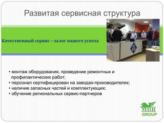 Развитая сервисная структура
Качественный сервис – залог нашего успеха
• монтаж оборудования, проведение ремонтных и
профилактических работ;
• персонал сертифицирован на заводах-производителях;
• наличие запасных частей и комплектующих;
• обучение региональных сервис-партнеров
GROUP
 