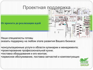 Проектная поддержка
Наши специалисты готовы
оказать поддержку на любом этапе развития Вашего бизнеса:
•консультационные услуги в области кулинарии и менеджмента;
•проектирование профессиональной кухни;
•поставка оборудования и его монтаж;
•сервисное обслуживание, поставка запчастей и комплектующих
От проекта до реализации идей
GROUP
 