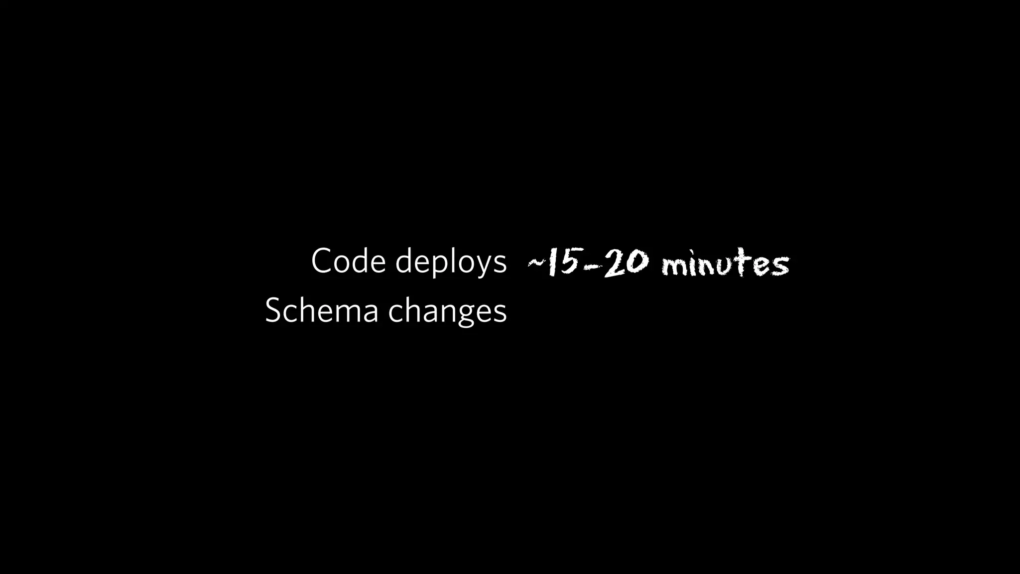 Code deploys ~15-20 minutes
Schema changes
 