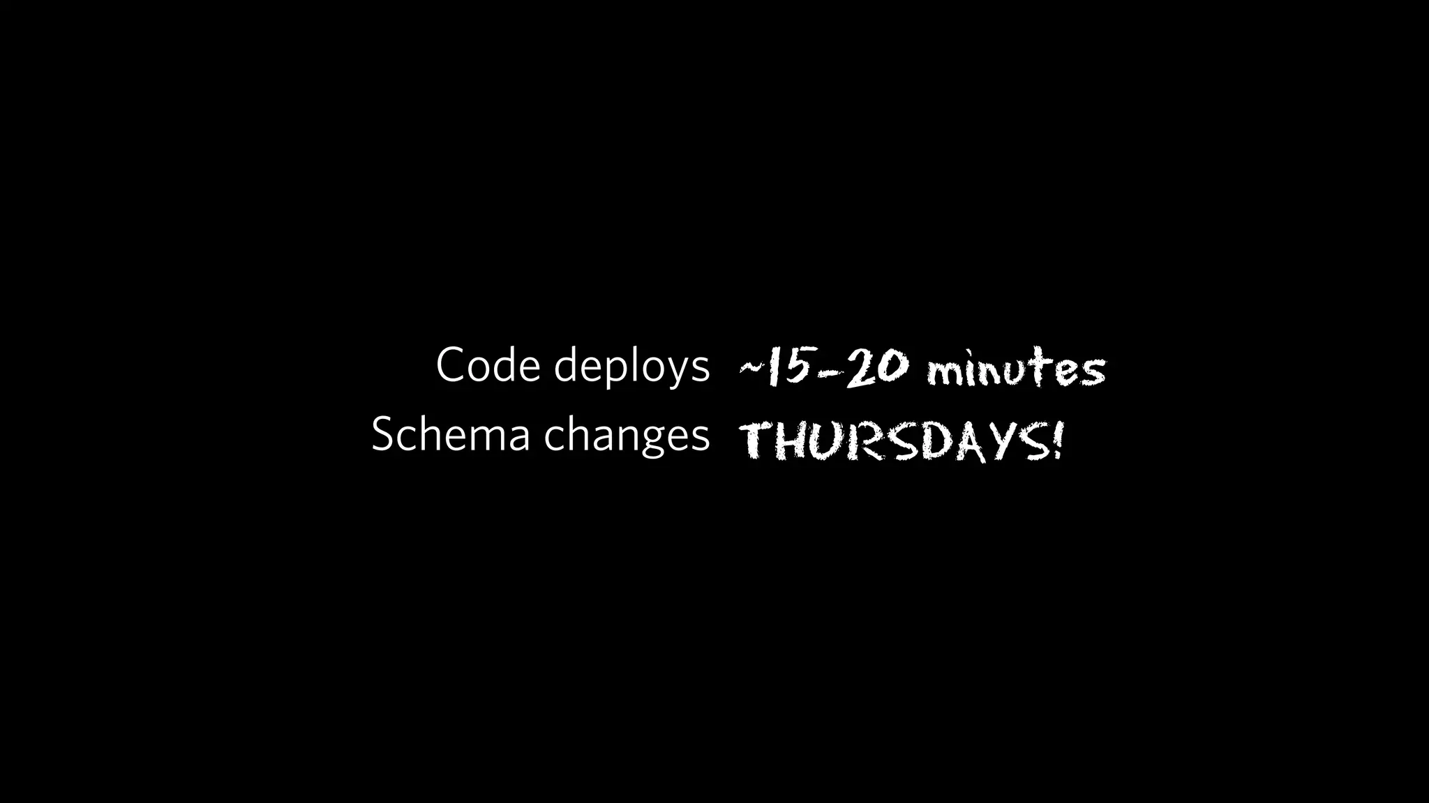 Code deploys ~15-20 minutes
Schema changes THURSDAYS!
 