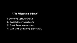“The Migration 4-Step”
1. Write to both versions
2. Backfill historical data
3. Read from new version
4. Cut-off writes to old version
 