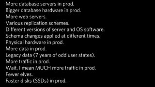 More database servers in prod.
Bigger database hardware in prod.
More web servers.
Various replication schemes.
Diﬀerent versions of server and OS software.
Schema changes applied at diﬀerent times.
Physical hardware in prod.
More data in prod.
Legacy data (7 years of odd user states).
More traﬃc in prod.
Wait, I mean MUCH more traﬃc in prod.
Fewer elves.
Faster disks (SSDs) in prod.
 