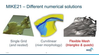 © DHI #4 
MIKE21 –Different numerical solutions 
Single Grid(and nested) 
Curvilinear(river morphology) 
Flexible Mesh(triangles & quads) 
 