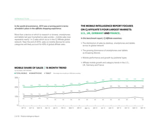 2 of 18 | Mobile Intelligence Report
In the world of ecommerce, 2015 was a turning point in terms
of mobile’s place in the affiliate shopping experience.
More than a device on which to research or browse, smartphones
and tablets last year triumphed as sales portals -- mobile sales now
represents nearly 1 in 3 sales which occur in the CJ Affiliate global
network. Near the end of 2016, sales on mobile devices for some
categories will likely account for 40% of global affiliate sales.
THE MOBILE INTELLIGENCE REPORT FOCUSES
ON CJ AFFILIATE’S FOUR LARGEST MARKETS:
U.S., UK, GERMANY AND FRANCE.
In this benchmark report, CJ Affiliate examines:
The distribution of sales by desktop, smartphones and tablets
across its global network
The growing dominance of smartphones over tablets
as shopping devices
Mobile performance and growth by publisher types
Affiliate mobile growth and category trends in the U.S.,
UK, Germany and France
INTRODUCTION
0
10%
20%
30%
JAN ‘15 FEB ‘15 MAR ‘15 APR ‘15 MAY ‘15 JUN ‘15 JUL ‘15 AUG ‘15 SEP ‘15 OCT ‘15 NOV ‘15 DEC ‘15SEP ‘14 OCT ‘14 NOV ‘14 DEC ‘14
21% 21%
22% 22%
24% 24%
26%
27% 27% 27% 27% 27%
20% 20%
21% 21%
13% 13%
14% 14%
16% 16%
18%
19% 19% 19% 19% 19%
11% 11% 11%
12%
8% 8% 8% 8% 8% 8% 8% 8% 8% 8%
9%
8%
9% 9% 10% 9%
MOBILE SHARE OF SALES | 16 MONTH TREND
CJ GLOBAL NETWORK
SMARTPHONETOTAL MOBILE TABLET Percentages may not add up to 100% due to rounding
 