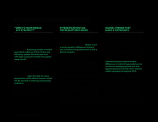 4 of 18 | Mobile Intelligence Report
KEY MOBILE STRATEGIES FOR 2016
“WHAT’S YOUR MOBILE
APP STRATEGY?”
The perennial ecommerce marketing
question (“What’s Your Mobile Strategy?”)
in 2016 will evolve to focus on how to
optimize the immense of amount of time
spent in apps – according to comScore,
80% of our time on mobile devices is now
spent in apps. A growing number of mobile
apps reach audiences in the millions and
ultimately, greater familiarity and trust
with apps is going to translate into greater
usage overall. Therein lies the opportunity
for affiliate marketers.
Publishers in 2016 need to focus on the
features and usability of their apps because,
quite simply, shopping in app has the
potential to outpace the growth of mobile
web shopping. Apps that take the value
propositions of the affiliate channel mobile
will be essential to retaining and growing
audiences. In the years ahead, it is likely that
success for publishers (and the brands with
which they affiliate) will be highly dependent
on successful strategies which leverage
the popularity of apps and the immense
audiences that use them.
DIVERSIFICATION HAS
NEVER MATTERED MORE
Similar to the real estate credo, “Location,
location, location,” there are three things that
matter in terms of building an affiliate strategy
to maximize mobile sales: diversification,
diversification, diversification. Mobile reach
is key to growth in affiliate and the best
way to achieve the greatest reach is with a
diverse program.
For retailers and brands, a program that
strives to grow sales with publishers across
many different promotional methods will
effectively tap consumers along different
points of the consumer journey, including at
critical research moments that increasingly
occur on smartphones. Importantly, as our
publisher benchmarks reveal, social and
content publishers achieve the highest share
of mobile sales due to the fact that so much
of this content is consumed on smartphones.
For publishers, diversification needs to
take the shape of selectively affiliating and
optimizing based on how well an advertiser
converts on mobile devices. Low conversion
rates due to a poor mobile experience
means lost sales. Thus, the mobile shopping
experience need to become a factor in how
affiliates assess new advertiser relationships.
GLOBAL TRENDS THAT
MAKE A DIFFERENCE
The mobile benchmarks for the network’s
four largest markets reveal that shoppers in
the U.S., UK, Germany and France interact
in varying degrees with smartphones and
tablets. Shoppers in the UK, for example, are
some of the most committed to shopping
on tablets. Affiliate shoppers in Germany
meanwhile are purchasing far less frequently
on their mobile devices, overall, when
compared to other markets.
Understanding the regional market
differences in mobile shopping behaviors
is critical to managing growth and thus,
regional behaviors should inform retailers
mobile strategies throughout 2016.
One way to factor in regional mobile
behaviors into an affiliate strategy is to
consider the dominant mobile device in a
region and focus optimizations and budgets
there first. Affiliate marketers should also take
note of the growth trends of the devices.
Ultimately, the complexity of potential
strategies depends on a marketer’s overall
mobile strategy, but the additional data
points that reveal device preferences and
growth in sales on devices is market-level
data that can make a difference.
 