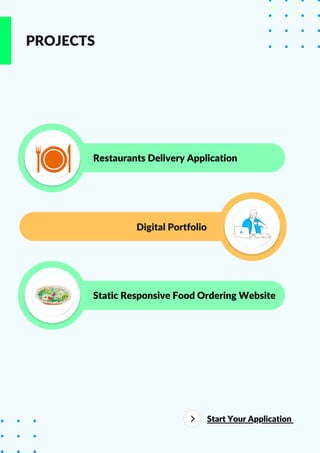 PROJECTS
Restaurants Delivery Application
Digital Portfolio
Static Responsive Food Ordering Website
Start Your Application
 