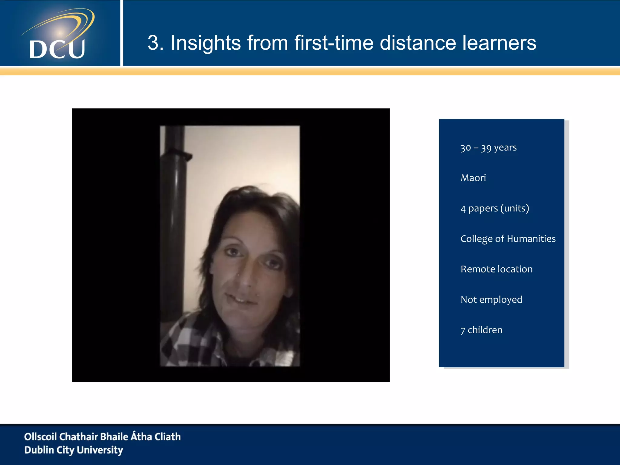 3. Insights from first-time distance learners

30 –– 39 years
30 39 years
Maori
Maori
44 papers (units)
papers (units)
College of Humanities
College of Humanities
Remote location
Remote location
Not employed
Not employed
77 children
children

 