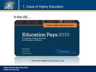 1. Value of Higher Education
In the US…

http://trends.collegeboard.org/education_pays

 