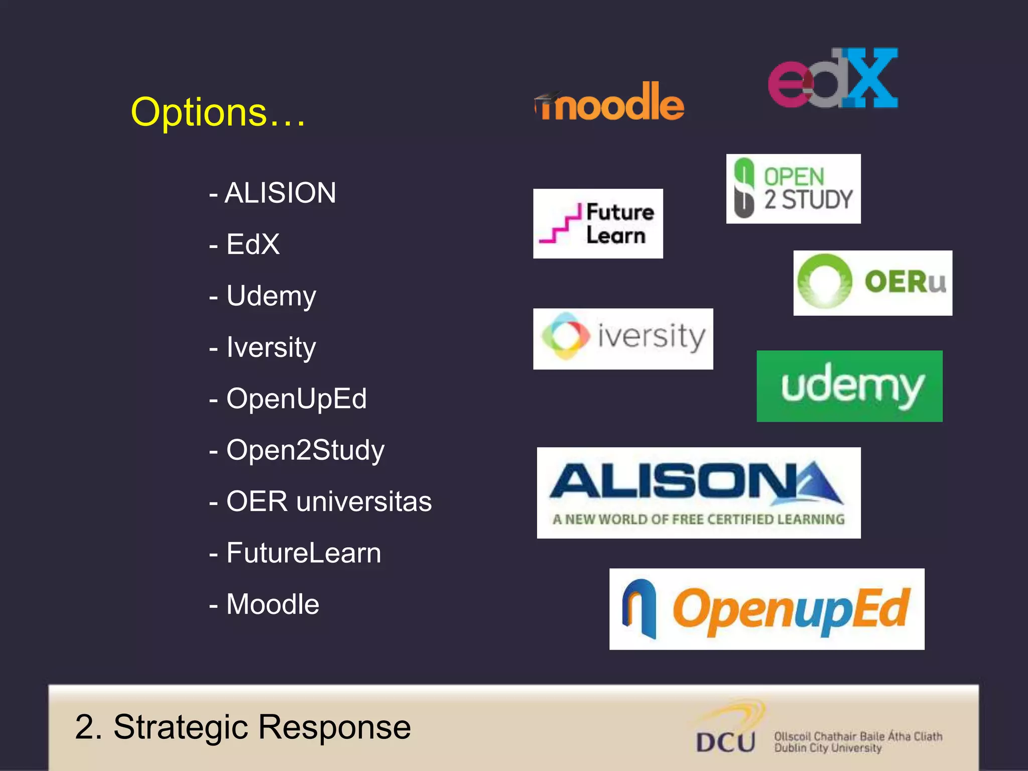 - ALISION
- EdX
- Udemy
- Iversity
- OpenUpEd
- Open2Study
- OER universitas
- FutureLearn
- Moodle
Options…
2. Strategic Response
 