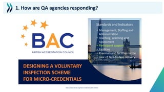 • Management, Staffing and
Administration
• Teaching, Learning and
Assessment
• Participant support
• Facilities
• Premises and facilities in the
case of face-to-face delivery
Standards and Indicators
https://www.the-bac.org/micro-credentials-pilot-scheme/
1. How are QA agencies responding?
 