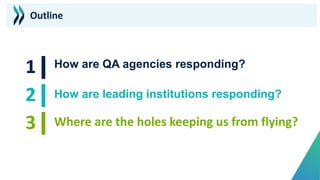 How are QA agencies responding?
How are leading institutions responding?
Where are the holes keeping us from flying?
Outline
 