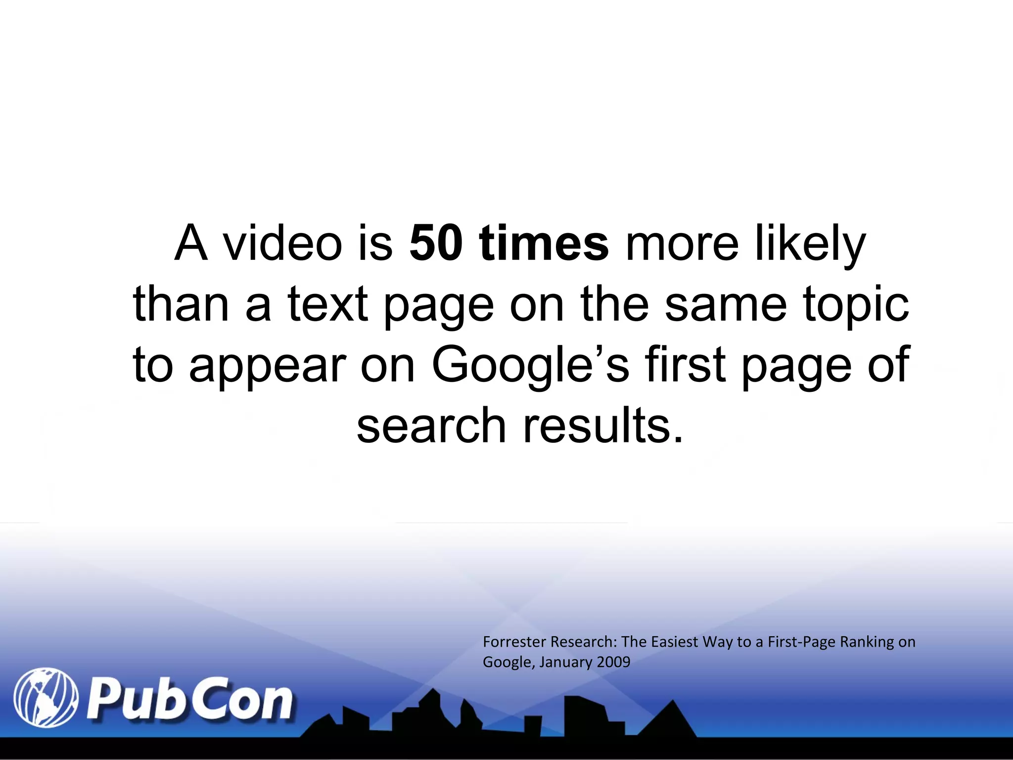 Forrester Research: The Easiest Way to a First-Page Ranking on Google, January 2009 A video is  50 times  more likely than a text page on the same topic to appear on Google’s first page of search results. 