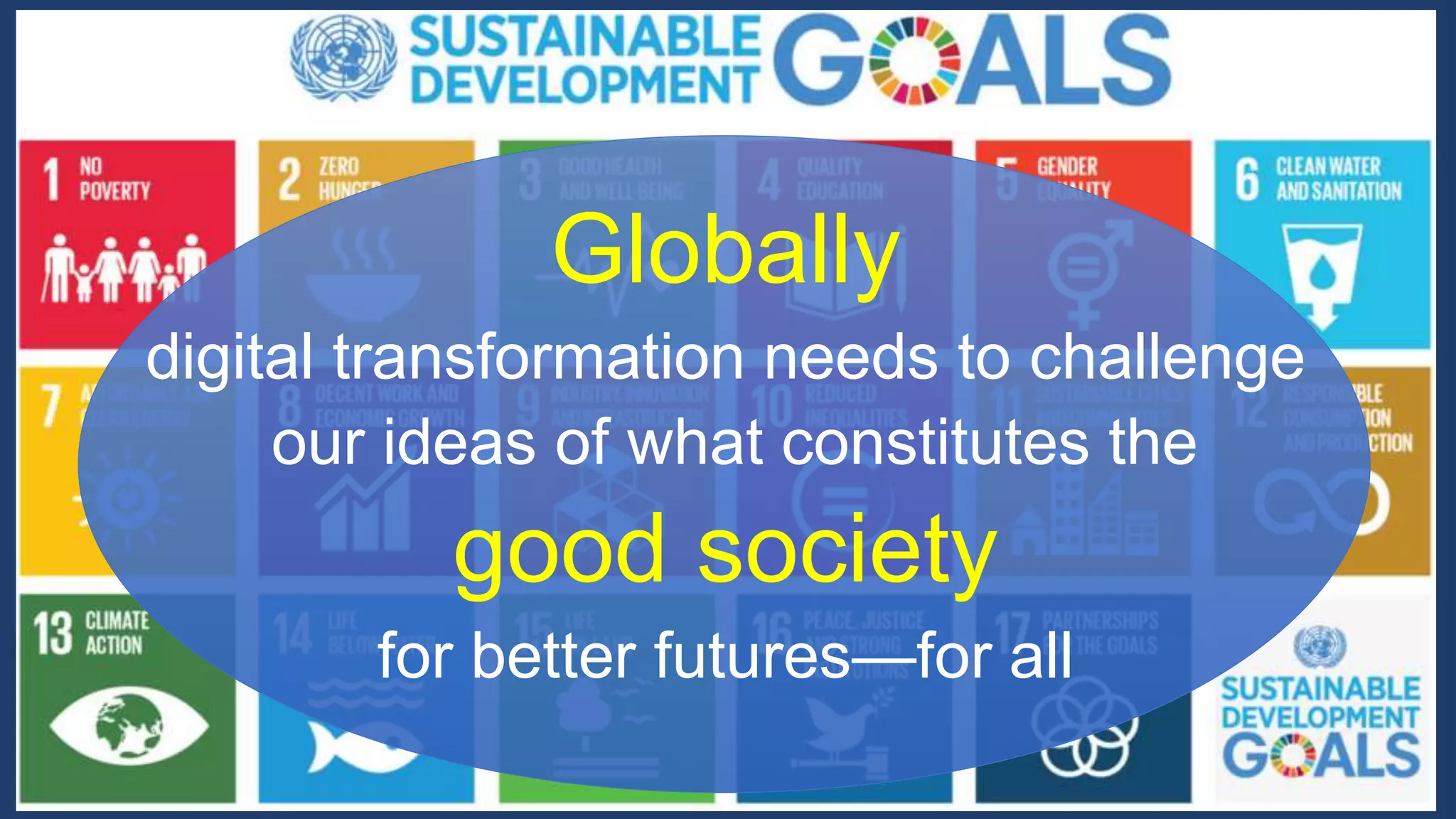 Globally
digital transformation needs to challenge
our ideas of what constitutes the
good society
for better futures—for all
 