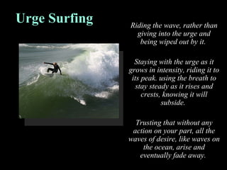 Urge Surfing Riding the wave, rather than giving into the urge and being wiped out by it.  Staying with the urge as it grows in intensity, riding it to its peak. using the breath to stay steady as it rises and crests, knowing it will subside.  Trusting that without any action on your part, all the waves of desire, like waves on the ocean, arise and eventually fade away.  