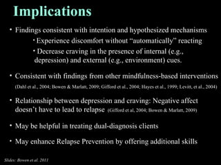 Implications Findings consistent with intention and hypothesized mechanisms Experience discomfort without “automatically” reacting Decrease craving in the presence of internal (e.g., depression) and external (e.g., environment) cues. Consistent with findings from other mindfulness-based interventions  (Dahl et al., 2004; Bowen & Marlatt, 2009; Gifford et al., 2004; Hayes et al., 1999; Levitt, et al., 2004)  Relationship between depression and craving: Negative affect doesn’t have to lead to relapse  (Gifford et al, 2004; Bowen & Marlatt, 2009) May be helpful in treating dual-diagnosis clients May enhance Relapse Prevention by offering additional skills Slides: Bowen et al. 2011 