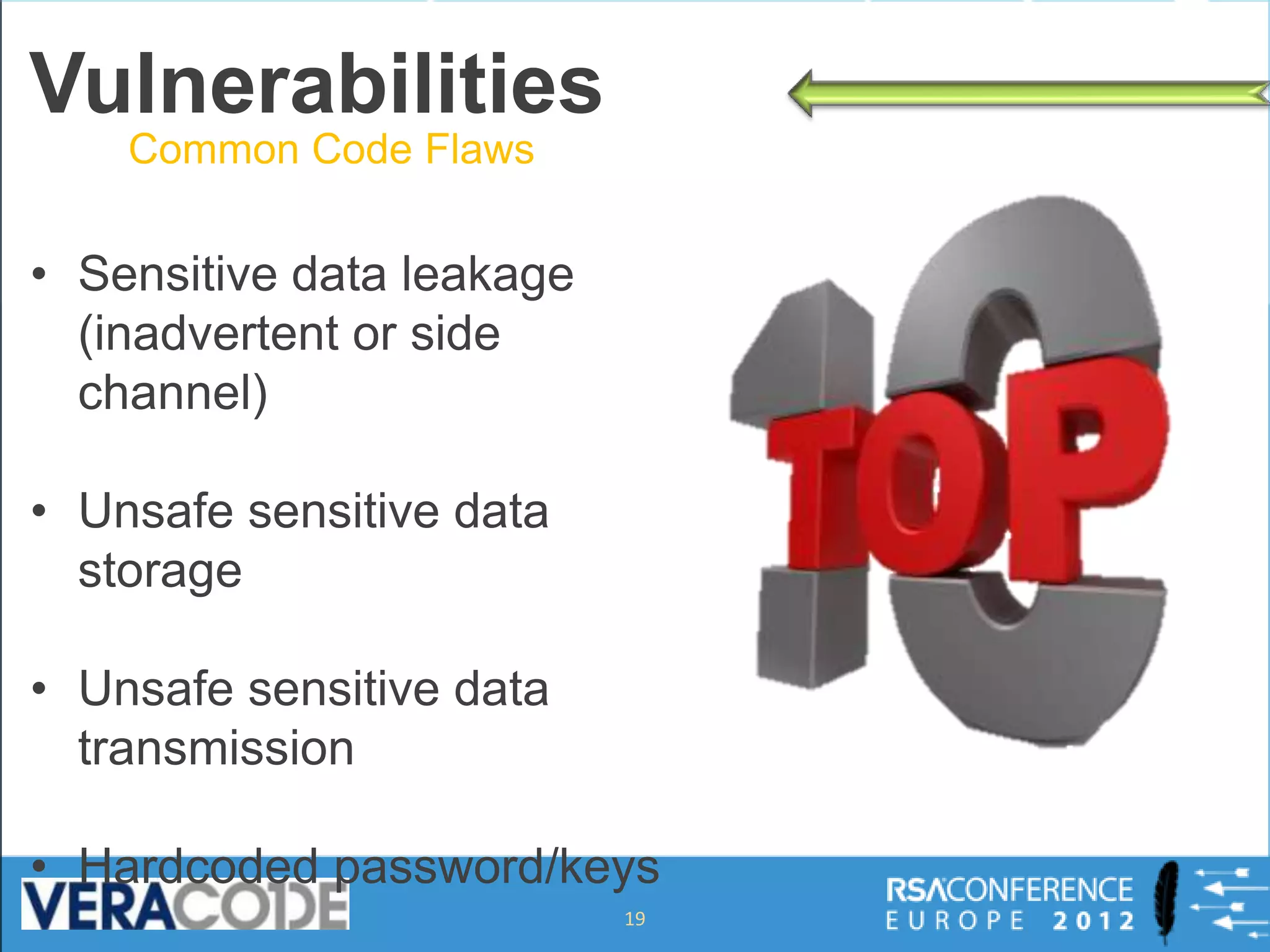 Vulnerabilities

• Sensitive data leakage
  (inadvertent or side
  channel)

• Unsafe sensitive data
  storage

• Unsafe sensitive data
  transmission

• Hardcoded password/keys
                           19
 