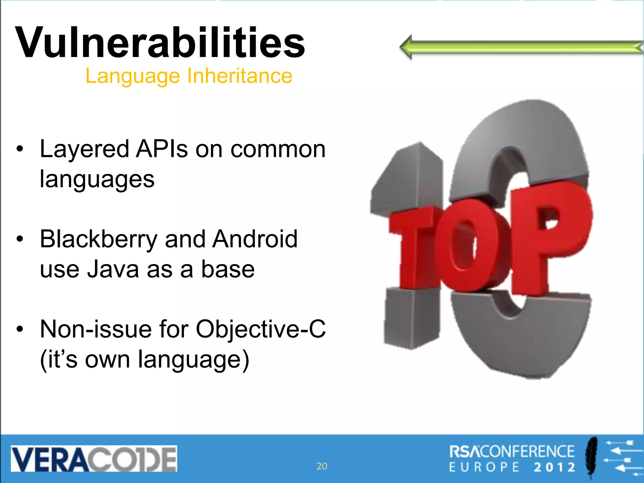 Vulnerabilities

• Layered APIs on common
  languages

• Blackberry and Android
  use Java as a base

• Non-issue for Objective-C
  (it’s own language)



                           20
 