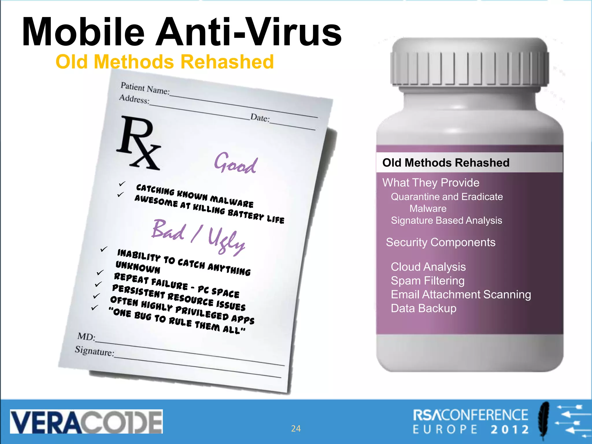 Mobile Anti-Virus
 Old Methods Rehashed



                             Old Methods Rehashed
                             What They Provide
                              Quarantine and Eradicate
                                  Malware
                              Signature Based Analysis

                             Security Components

                              Cloud Analysis
                              Spam Filtering
                              Email Attachment Scanning
                              Data Backup




                        24
 