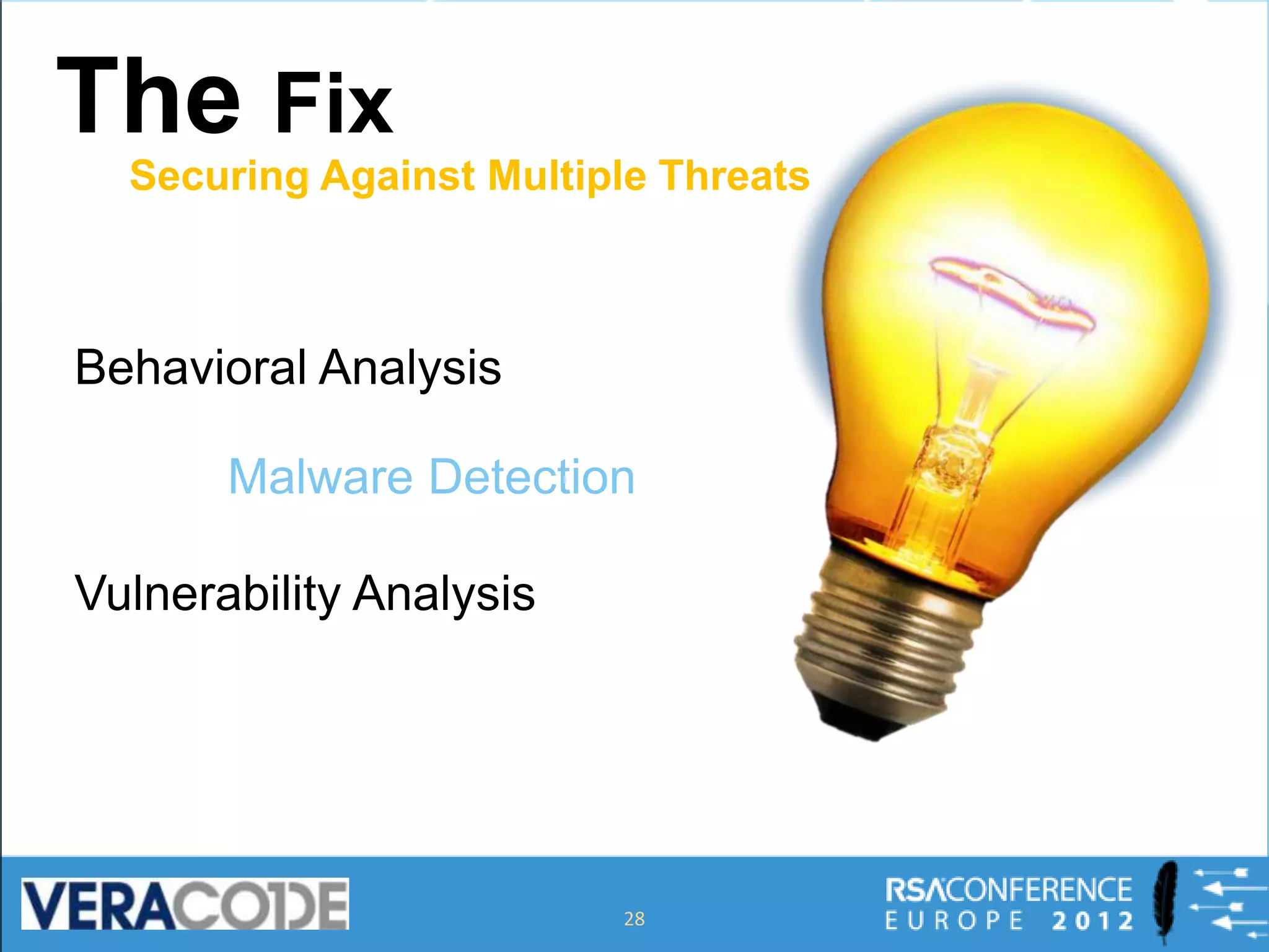 The Fix
  Securing Against Multiple Threats



Behavioral Analysis

       Malware Detection

Vulnerability Analysis




                         28
 