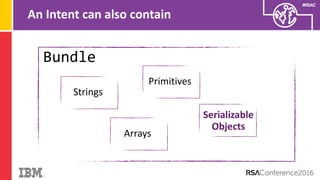 #RSAC
An Intent can also contain
Bundle
Strings
Primitives
Arrays
Serializable
Objects
 