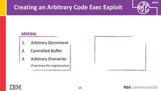 #RSAC
Creating an Arbitrary Code Exec Exploit
64
ARSENAL
1. Arbitrary Decrement
2. Controlled Buffer
3. Arbitrary Overwrite
(if we knew the original value)
 
