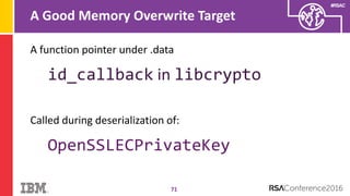#RSAC
A Good Memory Overwrite Target
71
A function pointer under .data
id_callback in libcrypto
Called during deserialization of:
OpenSSLECPrivateKey
 