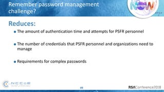 # R S A
C
Remember password management
challenge?
49
Reduces:
The amount of authentication time and attempts for PSFR personnel
The number of credentials that PSFR personnel and organizations need to
manage
Requirements for complex passwords
 