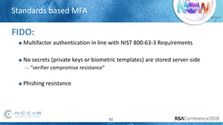 # R S A
C
Standards based MFA
51
FIDO:
Multifactor authentication in line with NIST 800-63-3 Requirements
No secrets (private keys or biometric templates) are stored server-side
— “verifier compromise resistance”
Phishing resistance
 