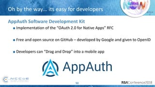 # R S A
C
53
AppAuth Software Development Kit
Implementation of the “OAuth 2.0 for Native Apps” RFC
Free and open source on GitHub – developed by Google and given to OpenID
Developers can “Drag and Drop” into a mobile app
Oh by the way… its easy for developers
 