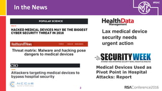 #RSAC
In the News
2
Lax medical device
security needs
urgent action
Medical Devices Used as
Pivot Point in Hospital
Attack...