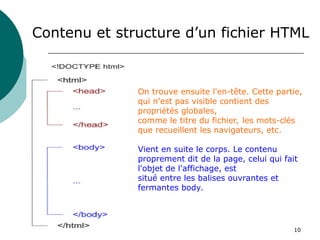 10
Contenu et structure d’un fichier HTML
On trouve ensuite l'en-tête. Cette partie,
qui n'est pas visible contient des
propriétés globales,
comme le titre du fichier, les mots-clés
que recueillent les navigateurs, etc.
Vient en suite le corps. Le contenu
proprement dit de la page, celui qui fait
l'objet de l'affichage, est
situé entre les balises ouvrantes et
fermantes body.
 