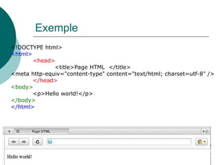 Exemple
20
<!DOCTYPE html>
<html>
<head>
<title>Page HTML </title>
<meta http-equiv="content-type" content="text/html; charset=utf-8" />
</head>
<body>
<p>Hello world!</p>
</body>
</html>
 