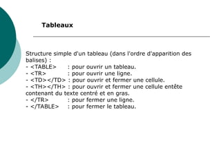 Structure simple d'un tableau (dans l'ordre d'apparition des
balises) :
- <TABLE> : pour ouvrir un tableau.
- <TR> : pour ouvrir une ligne.
- <TD></TD> : pour ouvrir et fermer une cellule.
- <TH></TH> : pour ouvrir et fermer une cellule entête
contenant du texte centré et en gras.
- </TR> : pour fermer une ligne.
- </TABLE> : pour fermer le tableau.
Tableaux
 