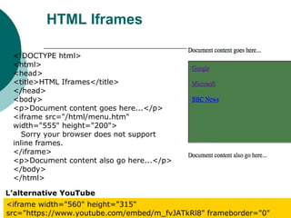 HTML Iframes
36
<!DOCTYPE html>
<html>
<head>
<title>HTML Iframes</title>
</head>
<body>
<p>Document content goes here...</p>
<iframe src="/html/menu.htm"
width="555" height="200">
Sorry your browser does not support
inline frames.
</iframe>
<p>Document content also go here...</p>
</body>
</html>
<iframe width="560" height="315"
src="https://www.youtube.com/embed/m_fvJATkRl8" frameborder="0"
L’alternative YouTube
 
