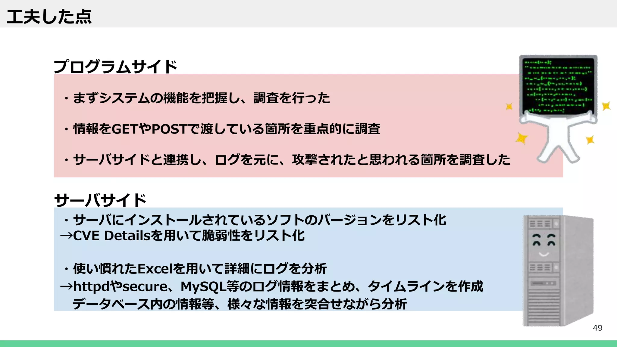 工夫した点
・まずシステムの機能を把握し、調査を行った
・情報をGETやPOSTで渡している箇所を重点的に調査
・サーバサイドと連携し、ログを元に、攻撃されたと思われる箇所を調査した
サーバサイド
・サーバにインストールされているソフトのバージョンをリスト化
→CVE Detailsを用いて脆弱性をリスト化
・使い慣れたExcelを用いて詳細にログを分析
→httpdやsecure、MySQL等のログ情報をまとめ、タイムラインを作成
データベース内の情報等、様々な情報を突合せながら分析
49
プログラムサイド
 