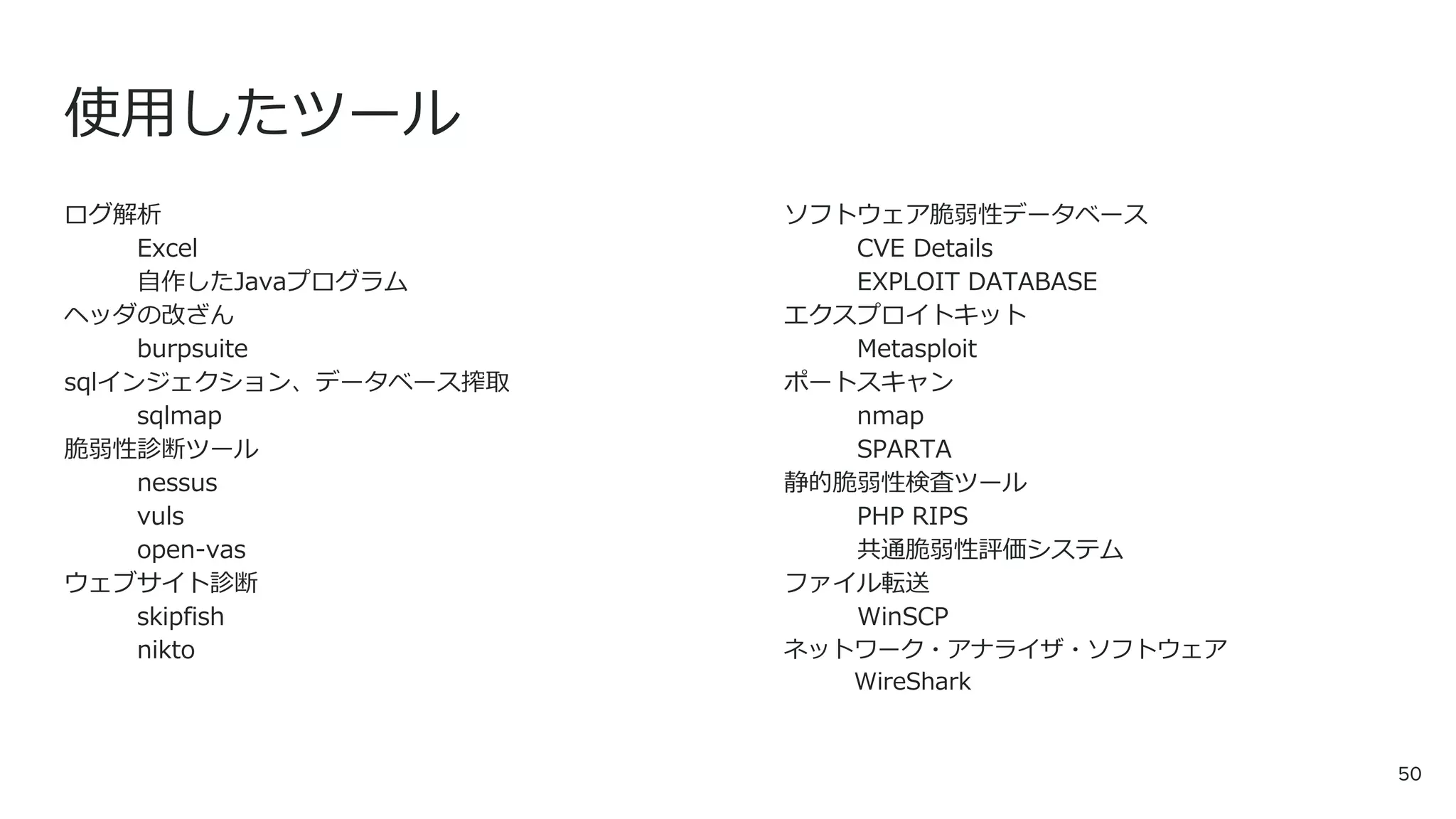 使用したツール
ログ解析
Excel
自作したJavaプログラム
ヘッダの改ざん
burpsuite
sqlインジェクション、データベース搾取
sqlmap
脆弱性診断ツール
nessus
vuls
open-vas
ウェブサイト診断
skipfish
nikto
ソフトウェア脆弱性データベース
CVE Details
EXPLOIT DATABASE
エクスプロイトキット
Metasploit
ポートスキャン
nmap
SPARTA
静的脆弱性検査ツール
PHP RIPS
共通脆弱性評価システム
ファイル転送
WinSCP
ネットワーク・アナライザ・ソフトウェア
WireShark
50
 